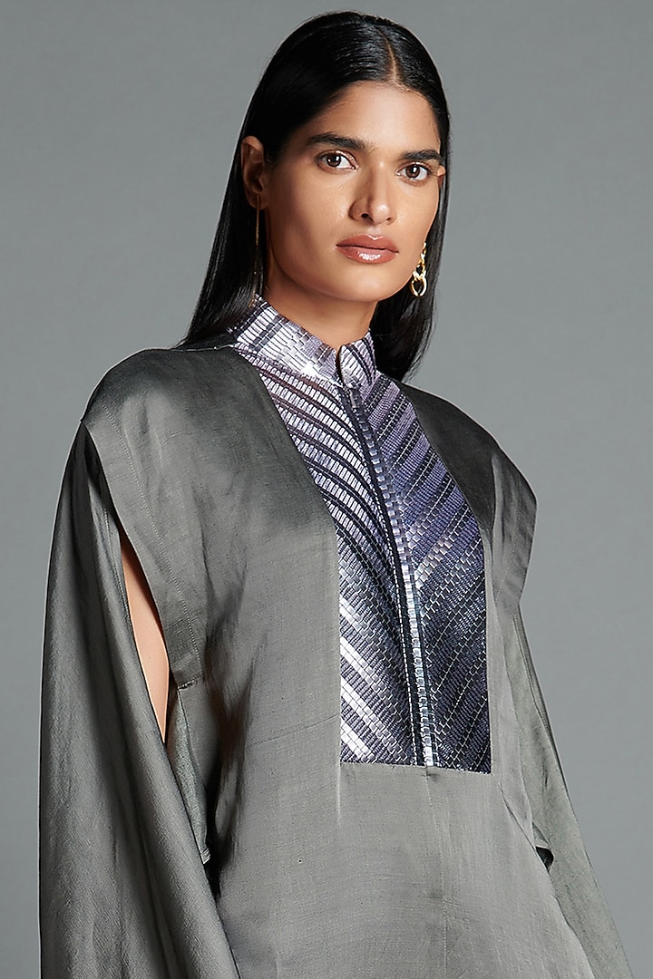 Pewter Grey Linen Satin Jumpsuit by Amit Aggarwal at Pernia's Pop Up Shop