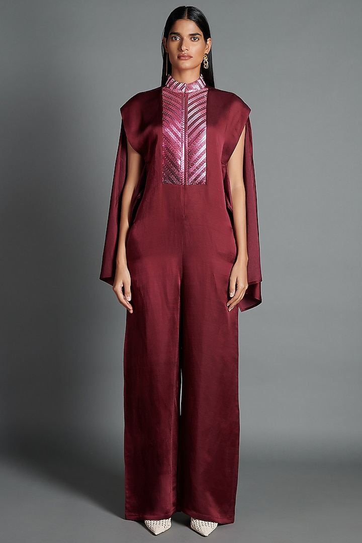 Plum Linen Satin Jumpsuit by Amit Aggarwal