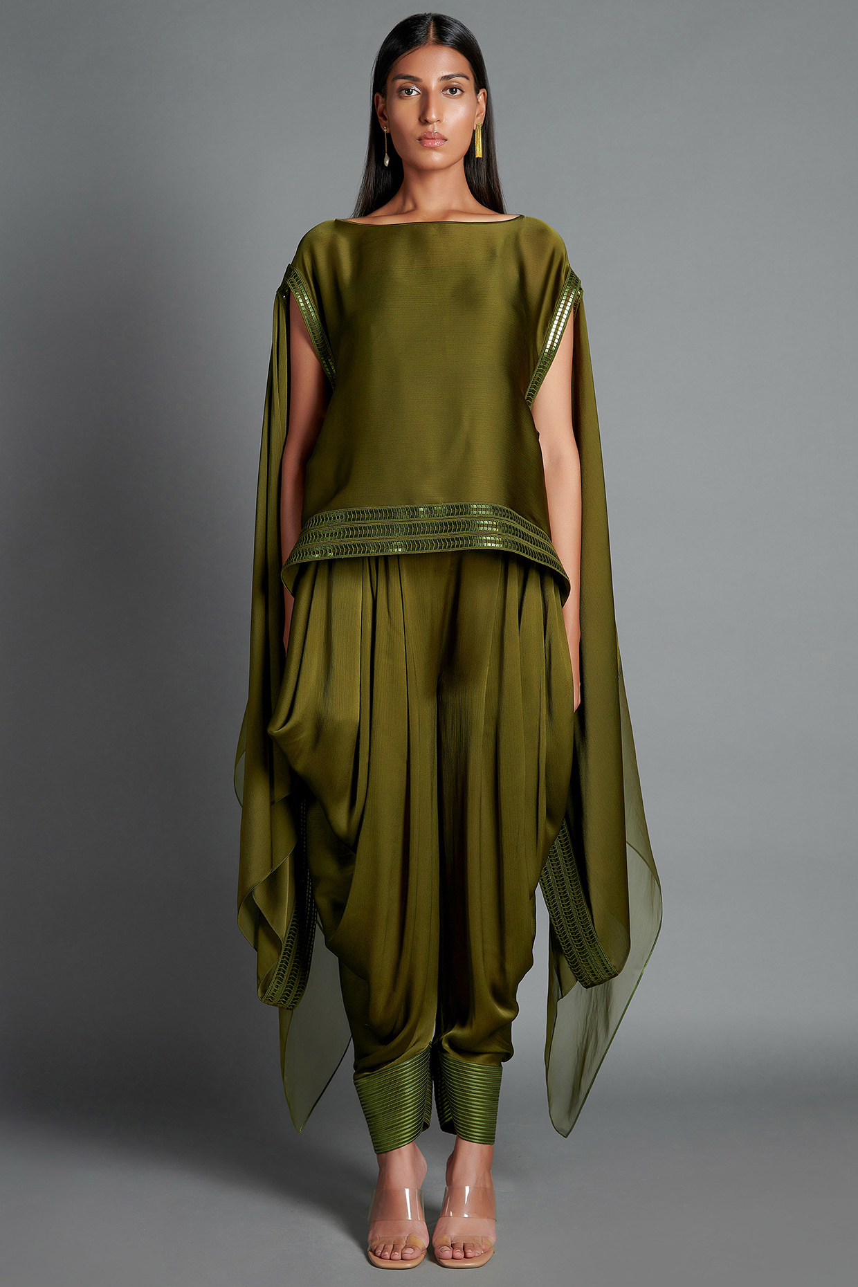 Olive Green Draped Pant Set by Amit Aggarwal at Pernia's Pop Up Shop