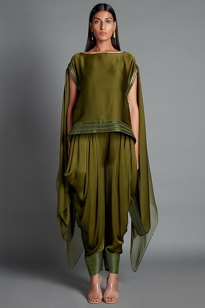 Olive Green Draped Pant Set by Amit Aggarwal at Pernia's Pop Up Shop