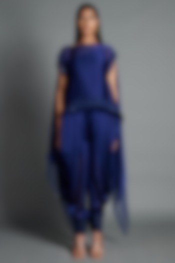 Ink Blue Crinkled Chiffon Draped Pant Set by Amit Aggarwal at Pernia's Pop Up Shop