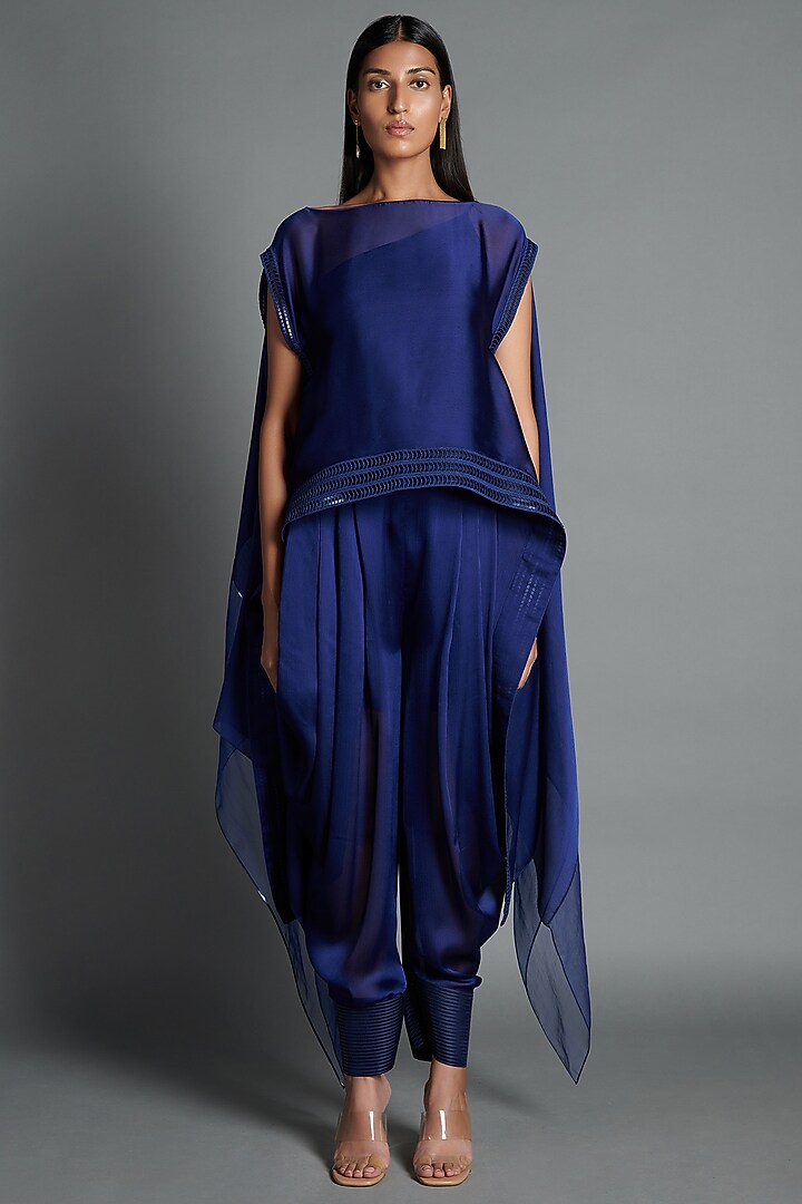 Ink Blue Crinkled Chiffon Draped Pant Set by Amit Aggarwal at Pernia's Pop Up Shop