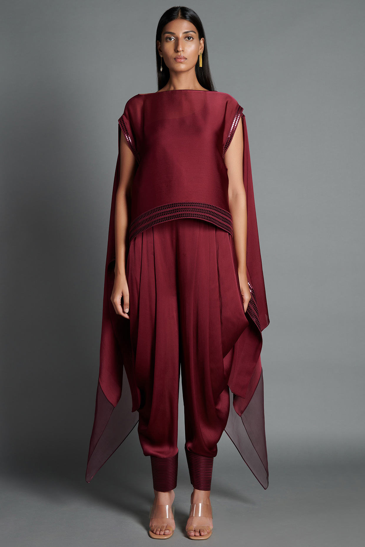 Plum Crinkled Chiffon Draped Pant Set by Amit Aggarwal at Pernia's Pop Up Shop