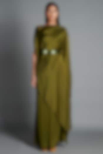 Olive Green Draped Vacation Dress  by Amit Aggarwal at Pernia's Pop Up Shop