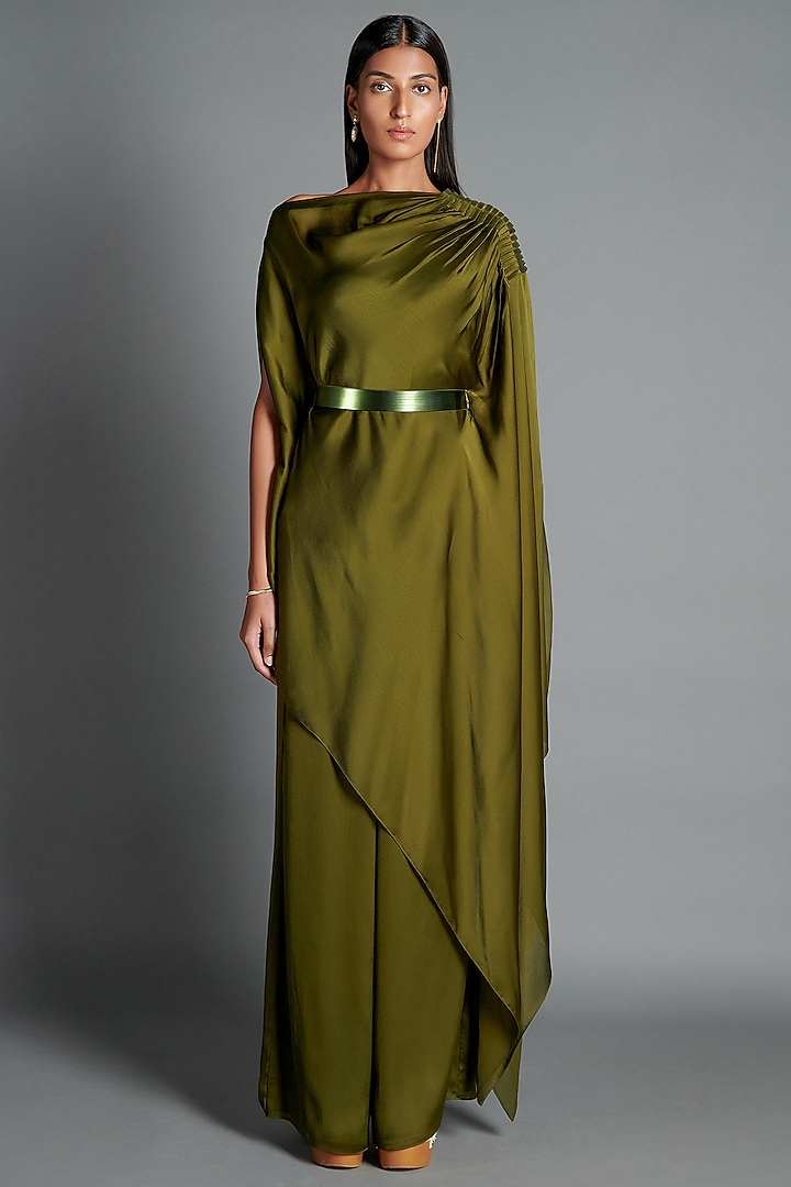 Olive Green Draped Vacation Dress  by Amit Aggarwal at Pernia's Pop Up Shop
