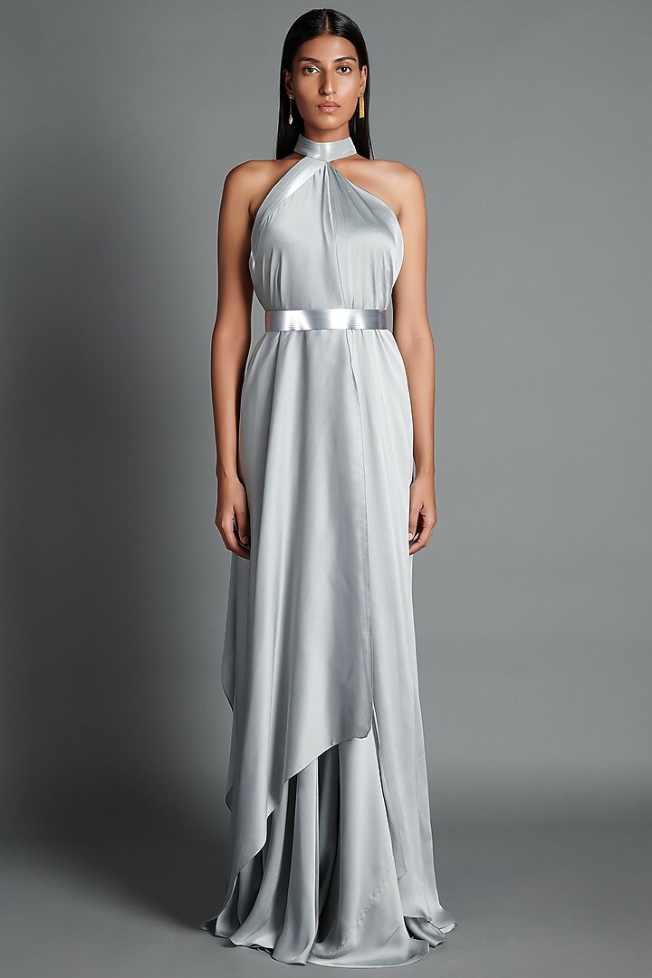 Ice Grey Georgette Draped Cocktail Dress by Amit Aggarwal at Pernia's Pop Up Shop