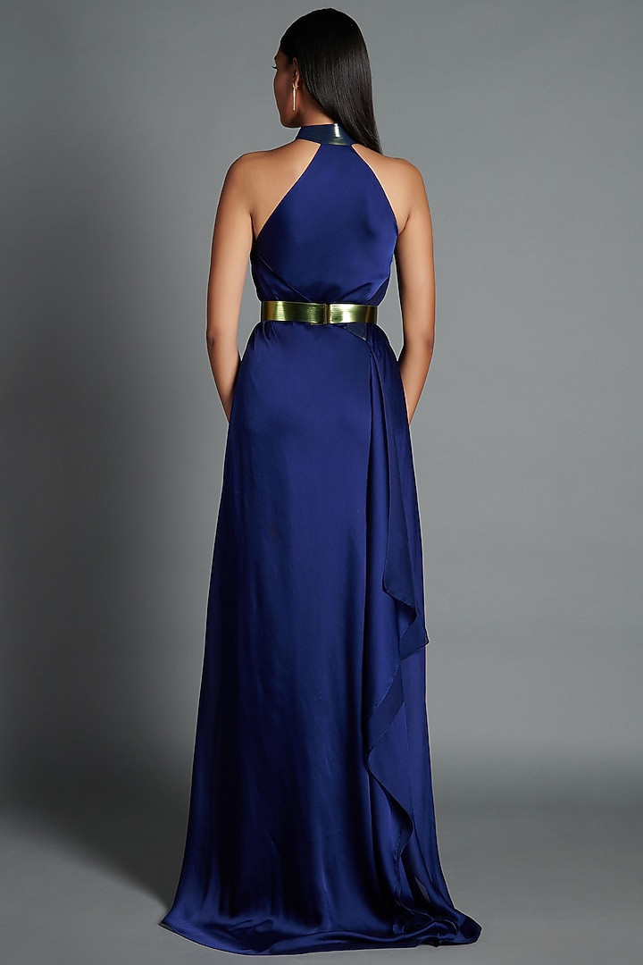 Ink Blue Georgette Draped Cocktail Dress by Amit Aggarwal at Pernia's Pop Up Shop