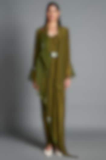 Olive Green Viscose Georgette Draped Skirt Set by Amit Aggarwal at Pernia's Pop Up Shop