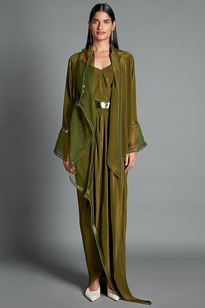 Olive Green Viscose Georgette Draped Skirt Set by Amit Aggarwal at Pernia's Pop Up Shop