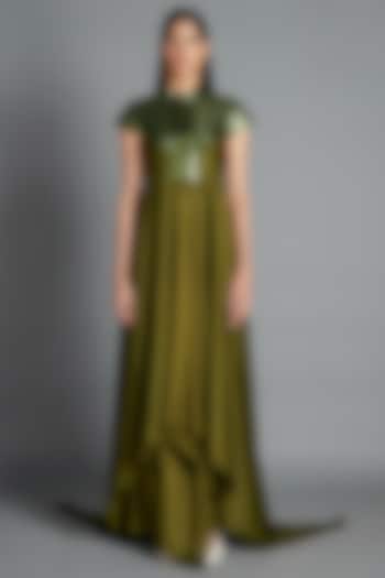 Olive Green Crinkled Chiffon Draped Cocktail Dress by Amit Aggarwal at Pernia's Pop Up Shop