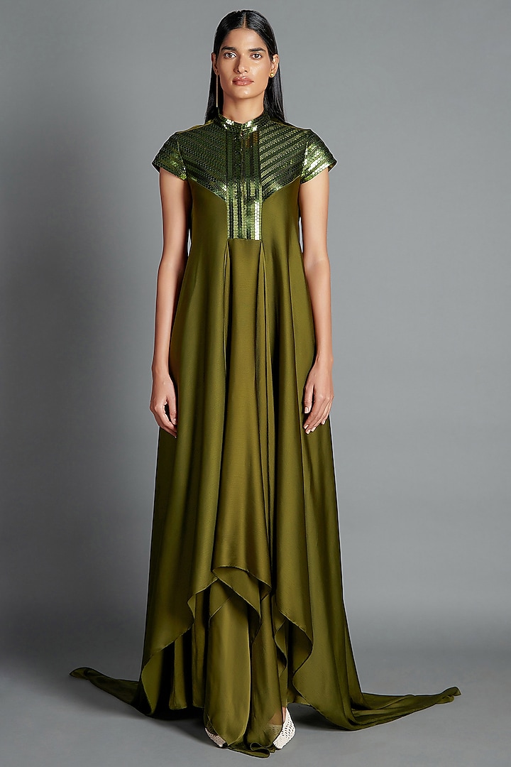 Olive Green Crinkled Chiffon Draped Cocktail Dress by Amit Aggarwal at Pernia's Pop Up Shop