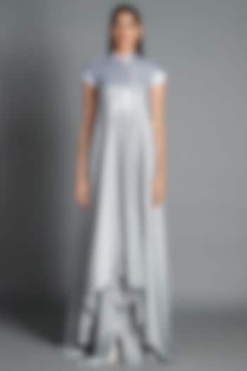 Ice Grey Crinkled Chiffon Draped Cocktail Dress by Amit Aggarwal at Pernia's Pop Up Shop