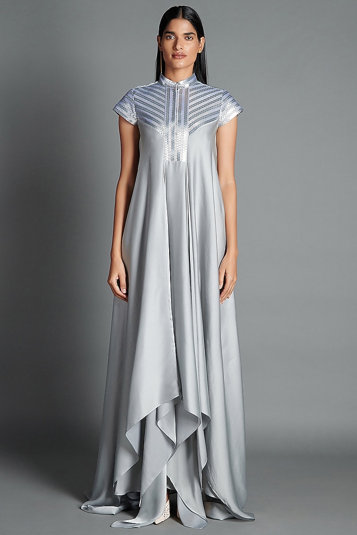 Ice Grey Crinkled Chiffon Draped Dress by Amit Aggarwal at Pernia's Pop Up Shop