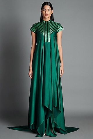 Emerald Crinkled Chiffon Draped Dress by Amit Aggarwal