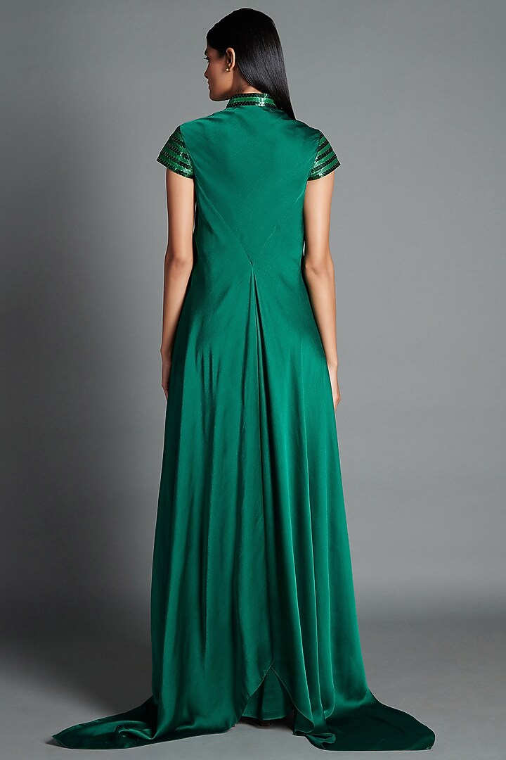 Emerald Crinkled Chiffon Draped Cocktail Dress by Amit Aggarwal at Pernia's Pop Up Shop