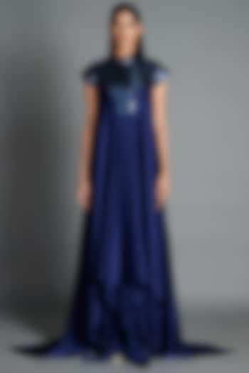 Ink Blue Crinkled Chiffon Draped Cocktail Dress by Amit Aggarwal at Pernia's Pop Up Shop