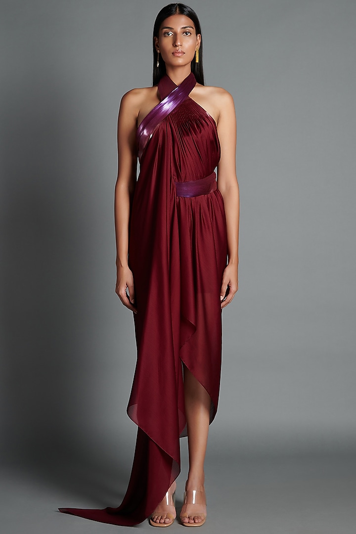 Plum Metallic Draped Cocktail Dress by Amit Aggarwal at Pernia's Pop Up Shop
