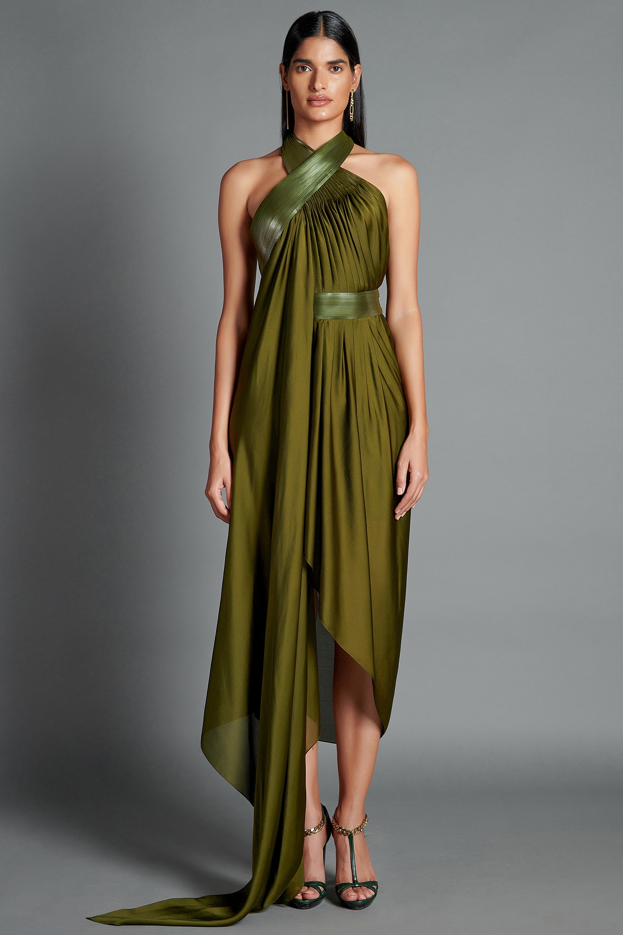 Olive Green Metallic Draped Dress by Amit Aggarwal at Pernia s Pop Up Shop 2024