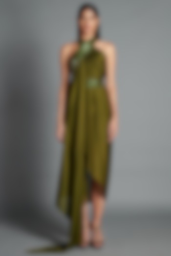 Olive Green Metallic Draped Cocktail Dress by Amit Aggarwal at Pernia's Pop Up Shop
