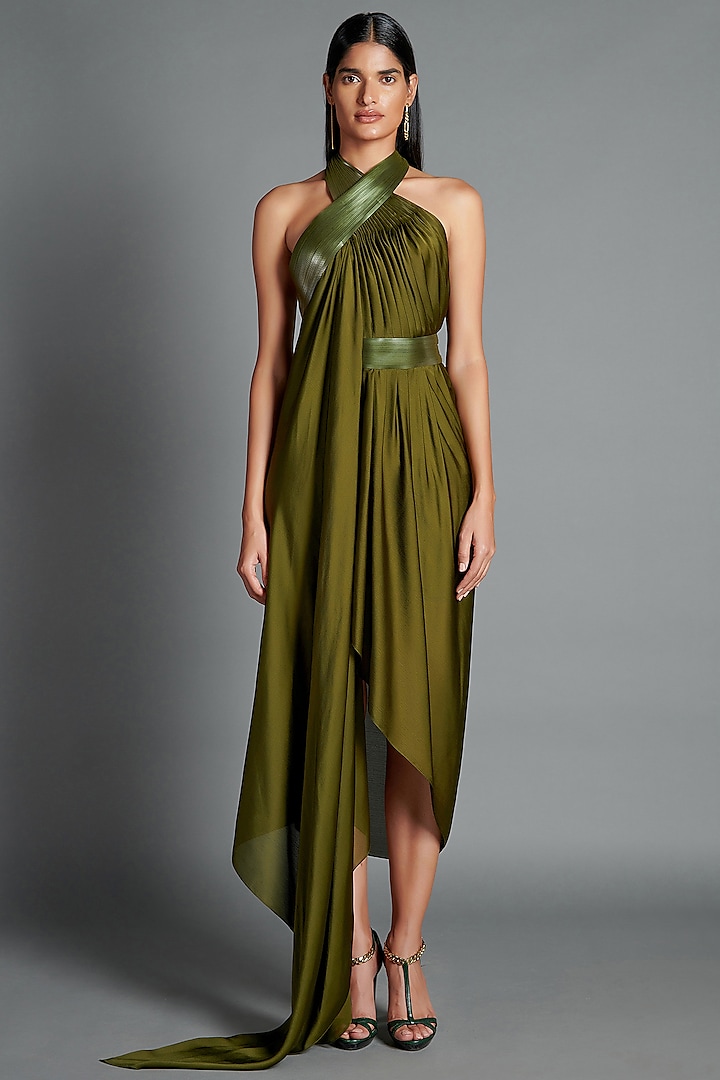 Olive Green Metallic Draped Cocktail Dress by Amit Aggarwal at Pernia's Pop Up Shop
