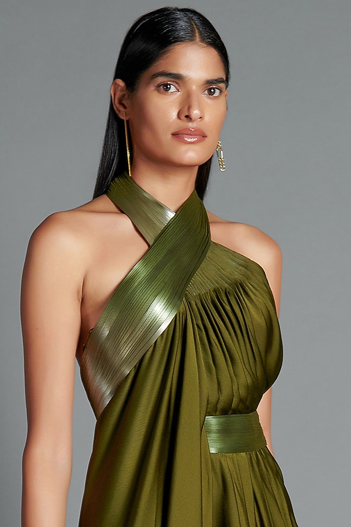 olive green draped dress Mac Duggal Women's Long Sleeve Structured Bow Draped Gown - Green - Size 12 main image 1