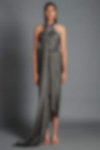 Pewter Metallic Draped Cocktail Dress by Amit Aggarwal at Pernia's Pop Up Shop