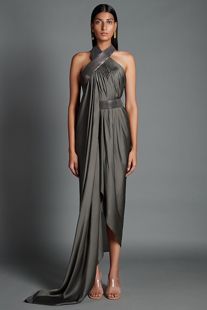 Pewter Metallic Draped Cocktail Dress by Amit Aggarwal at Pernia's Pop Up Shop