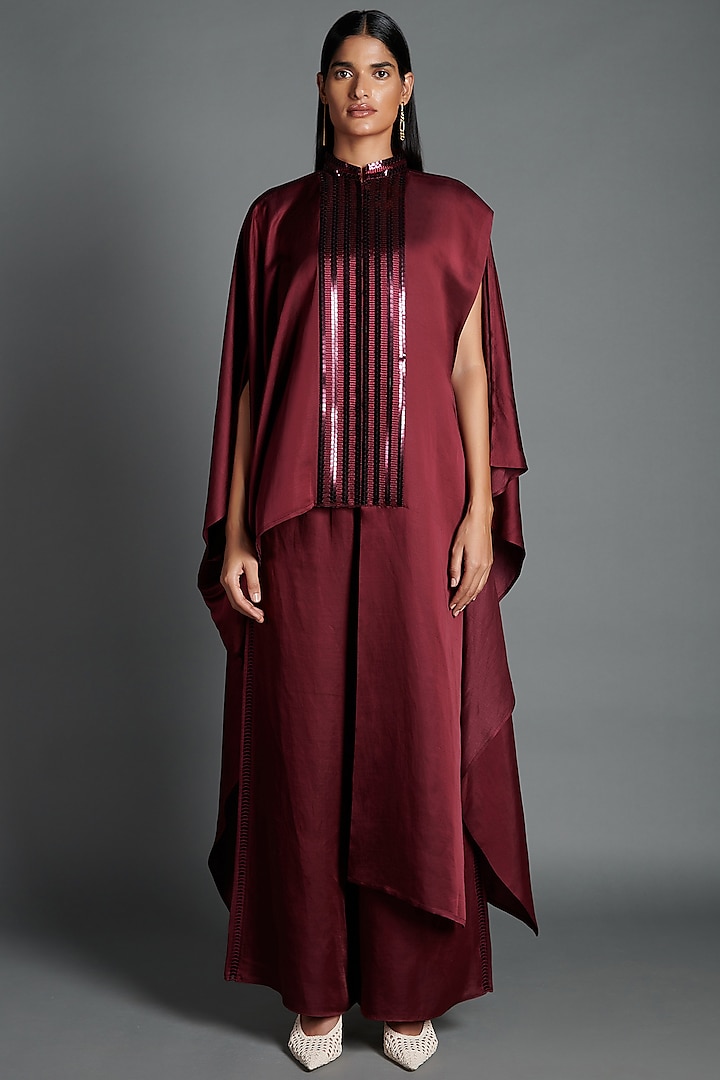 Plum Metallic Asymmetrical Shirt by Amit Aggarwal