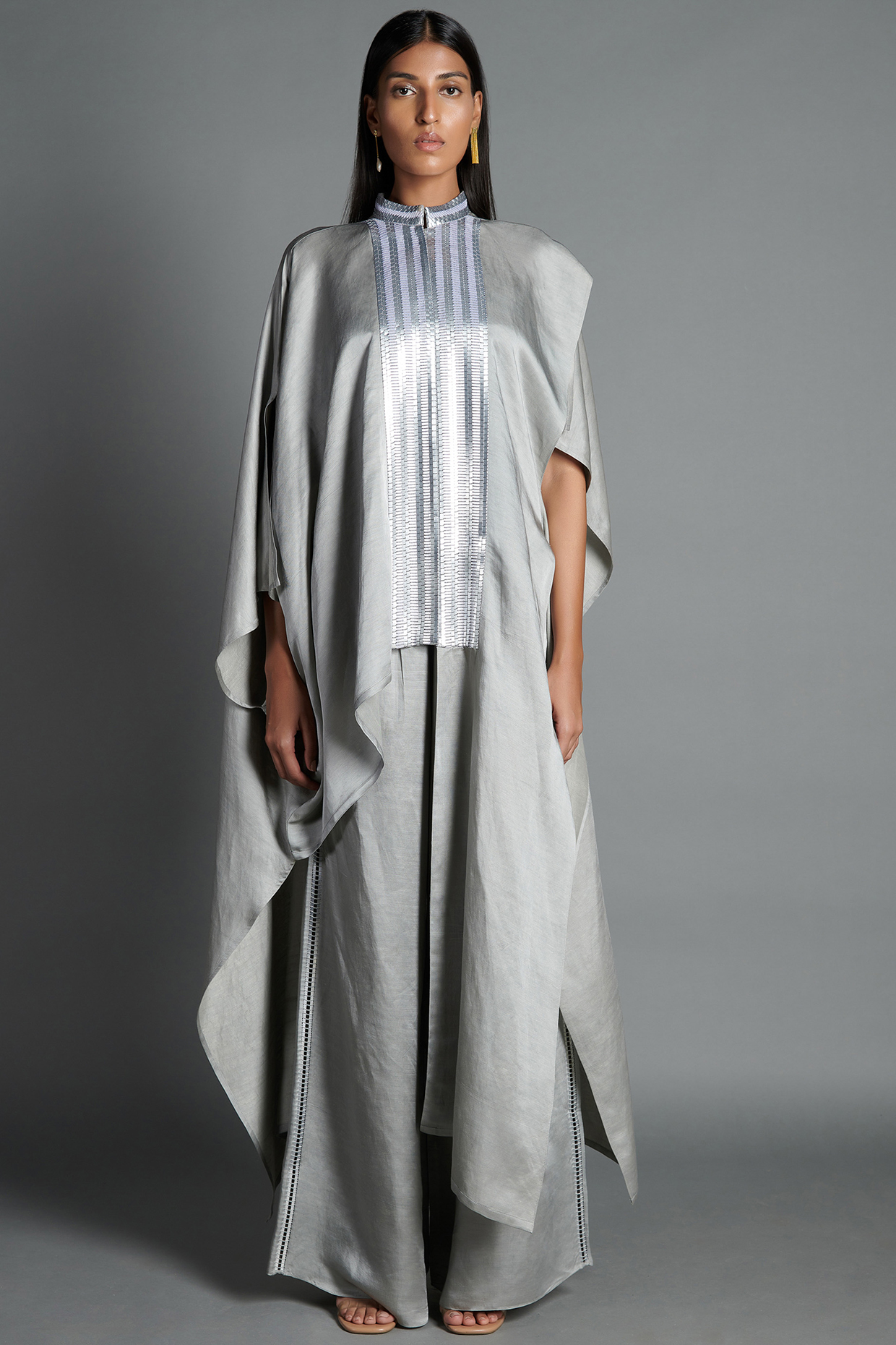 Ice Grey Linen Satin Pant Set by Amit Aggarwal at Pernia's Pop Up Shop