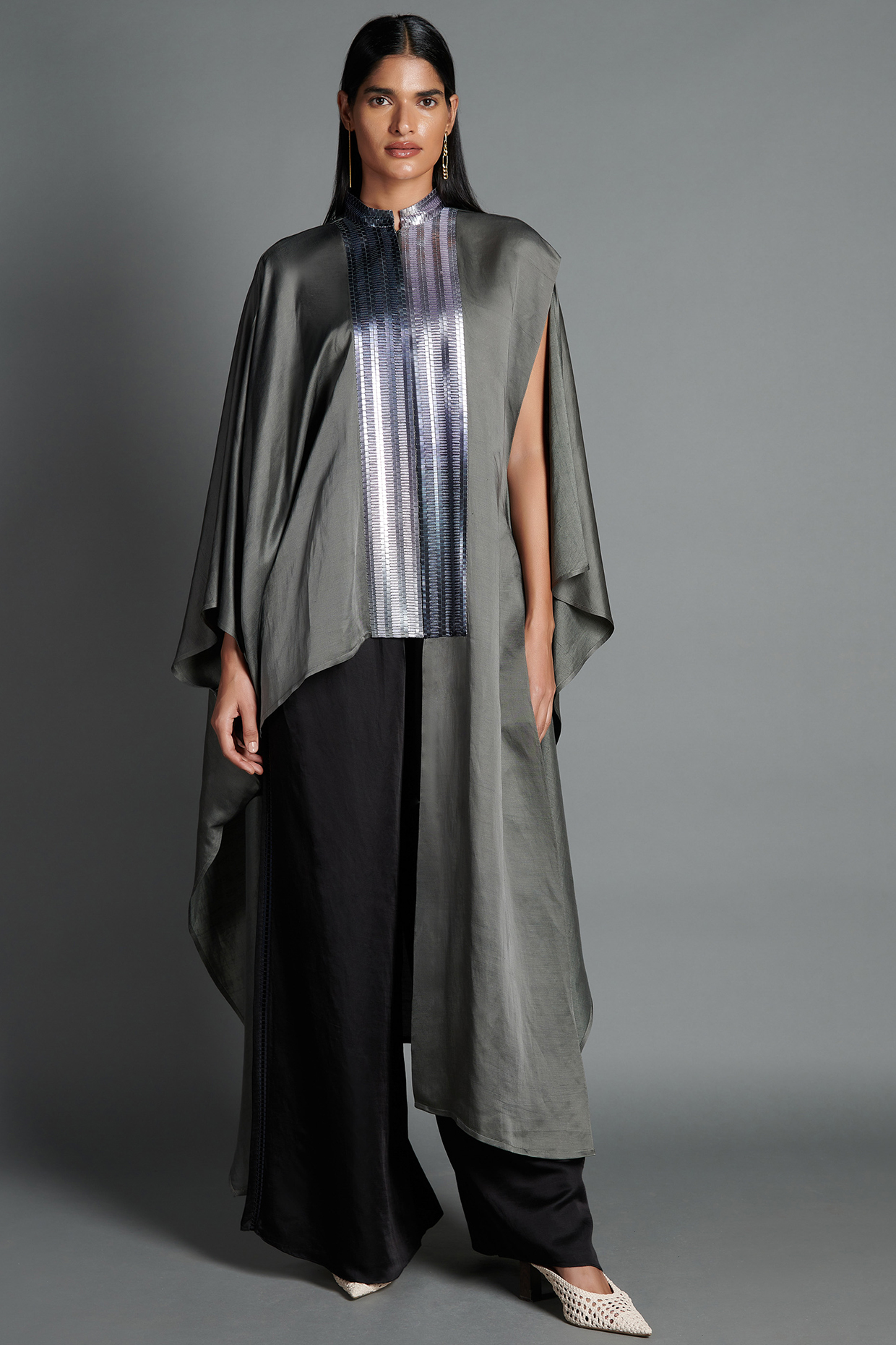 Pewter Linen Satin Pant Set by Amit Aggarwal at Pernia's Pop Up Shop