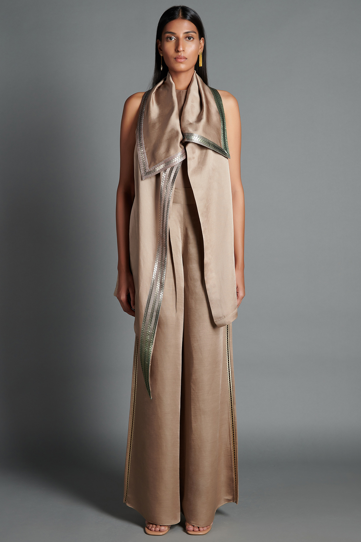 Beige Linen Satin Pant Set by Amit Aggarwal at Pernia's Pop Up Shop