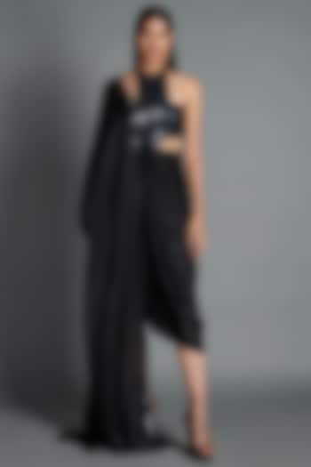 Black Metallic Draped Party Wear Dress by Amit Aggarwal at Pernia's Pop Up Shop
