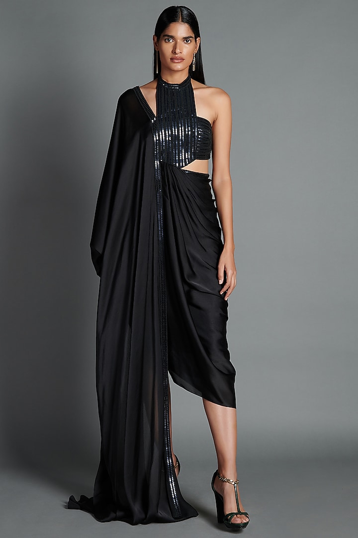 Black Metallic Draped Party Wear Dress by Amit Aggarwal at Pernia's Pop Up Shop