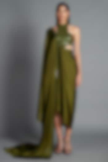 Olive Green Metallic Draped Party Wear Dress by Amit Aggarwal at Pernia's Pop Up Shop