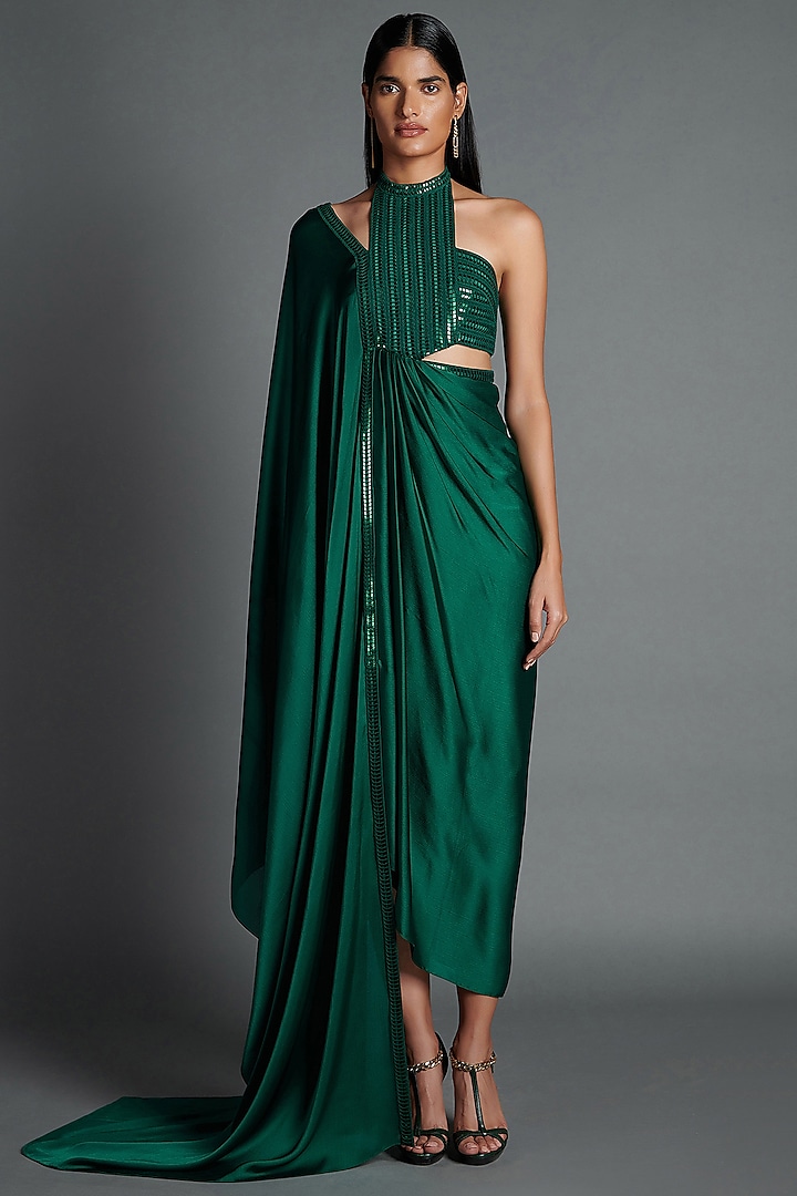 Emerald Green Metallic Draped Dress by Amit Aggarwal