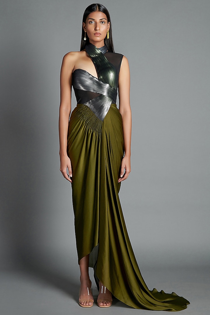 Olive Green Metallic Crinkled Chiffon Party Wear Dress by Amit Aggarwal at Pernia's Pop Up Shop