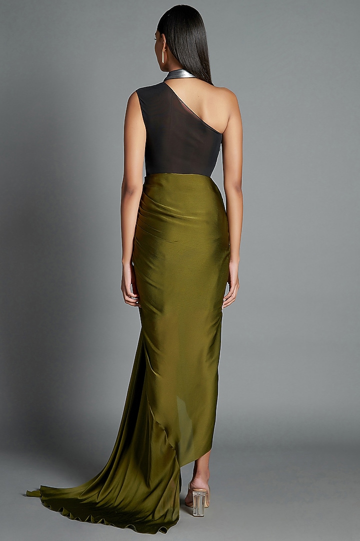 Olive Green Metallic Crinkled Chiffon Party Wear Dress by Amit Aggarwal at Pernia's Pop Up Shop