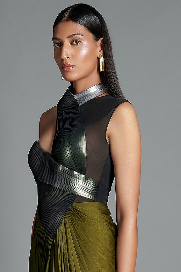 Olive Green Metallic Crinkled Chiffon Party Wear Dress by Amit Aggarwal at Pernia's Pop Up Shop