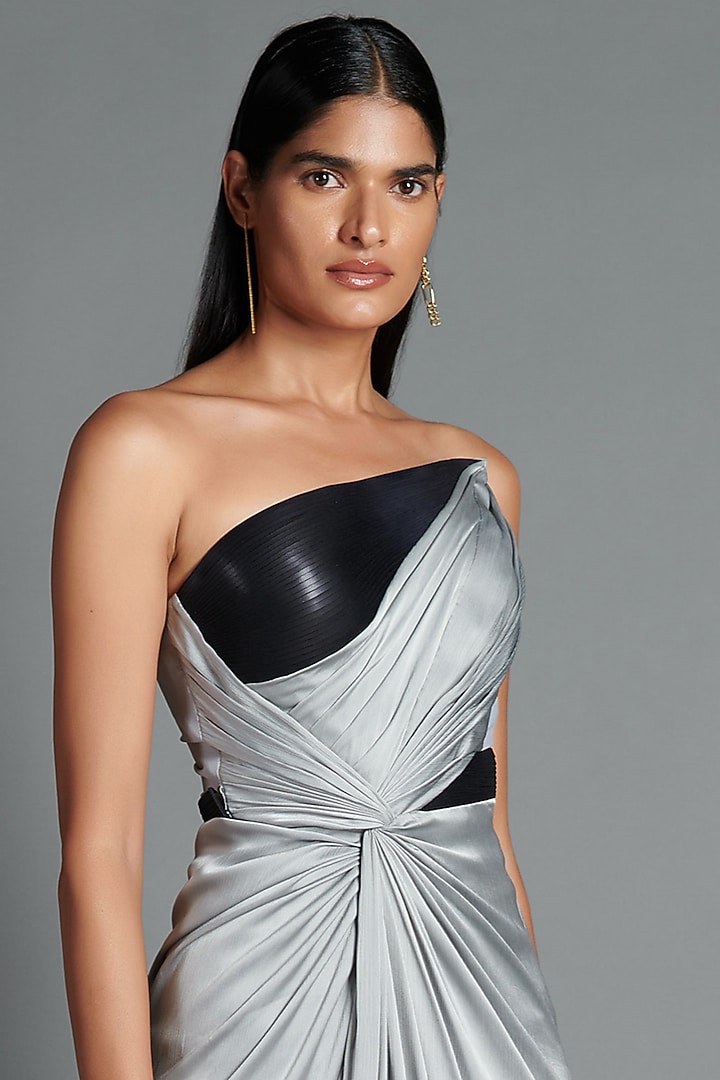 Ice Grey Metallic Twisted Party Wear Dress by Amit Aggarwal at Pernia's Pop Up Shop