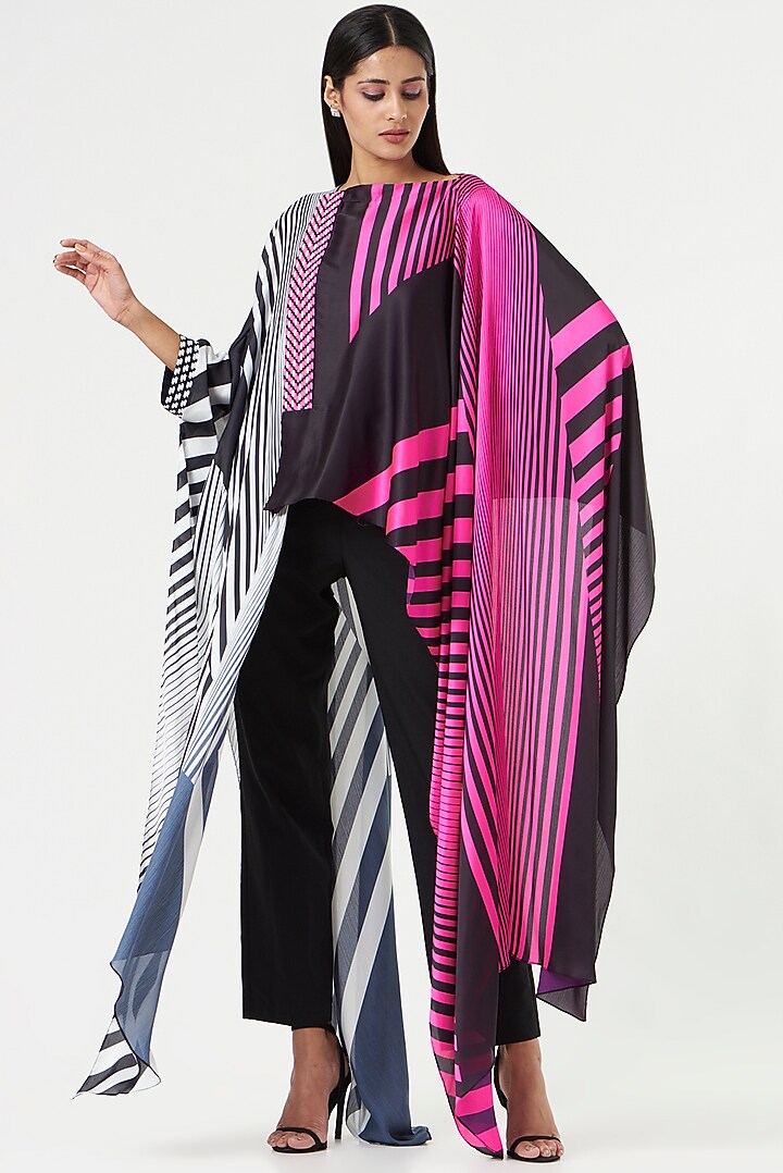 Neon Pink & Black Chiffon Striped Top by Amit Aggarwal at Pernia's Pop Up Shop