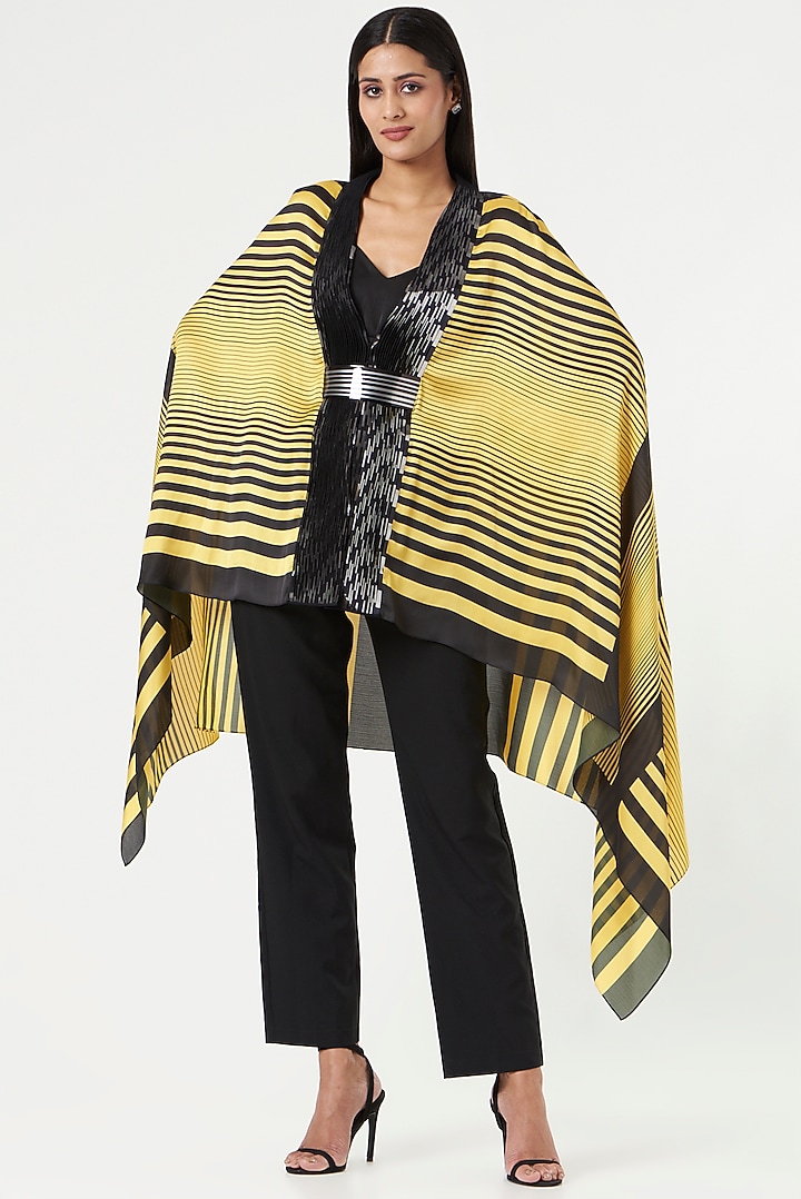 Lemon Yellow & Black Striped Cape by Amit Aggarwal at Pernia's Pop Up Shop