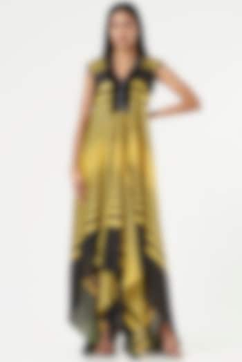 Lemon Yellow & Black Chiffon Draped Dress by Amit Aggarwal