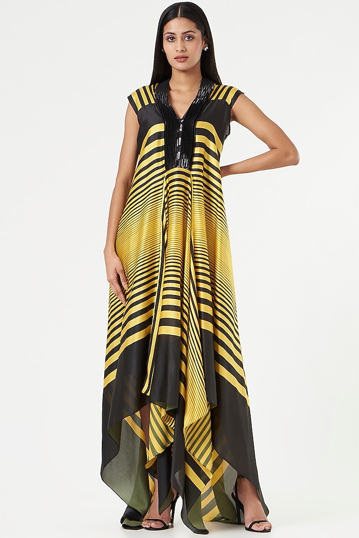 Lemon Yellow & Black Chiffon Draped Cocktail Dress by Amit Aggarwal at Pernia's Pop Up Shop