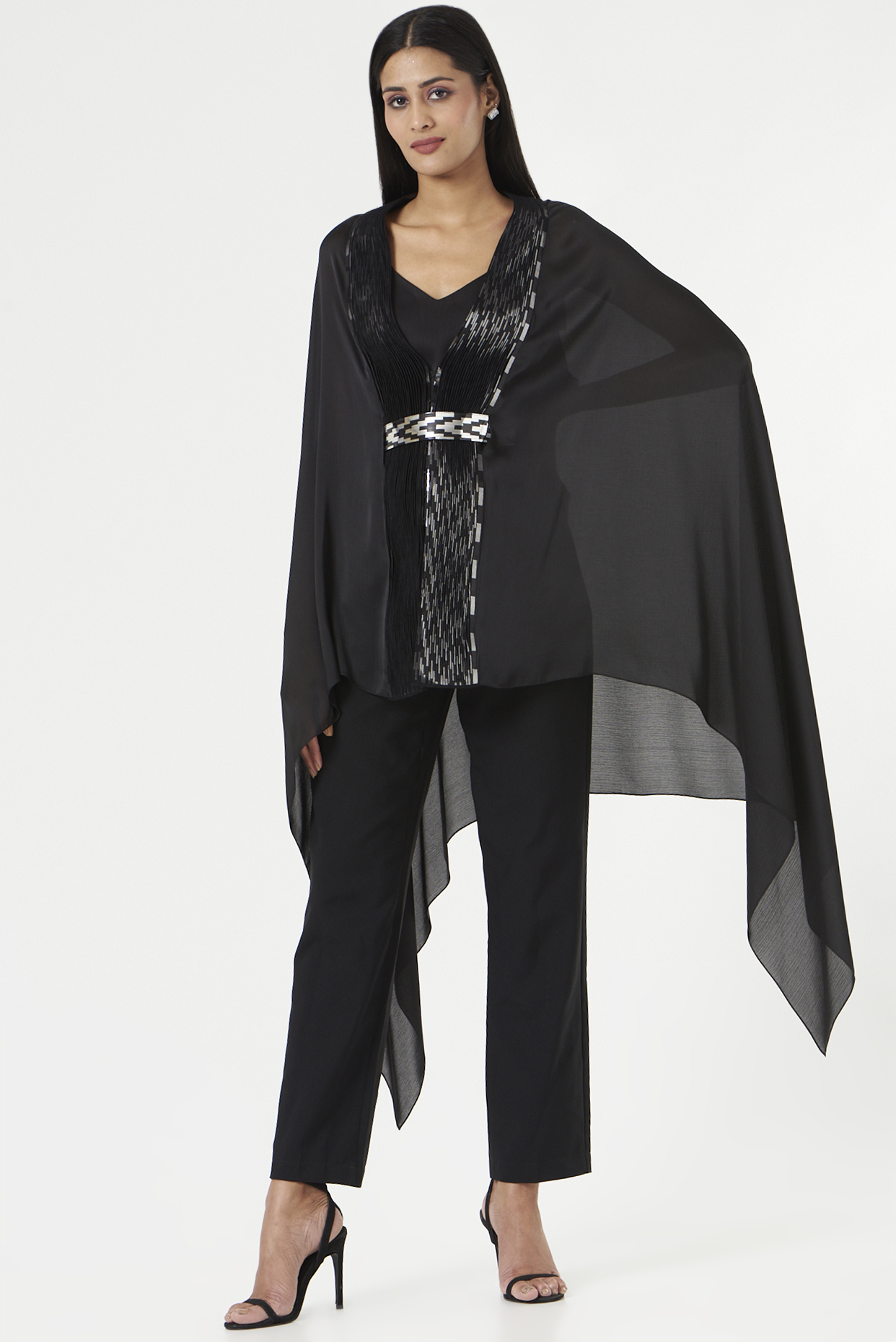 Black Chiffon Draped Cape by Amit Aggarwal at Pernia's Pop Up Shop