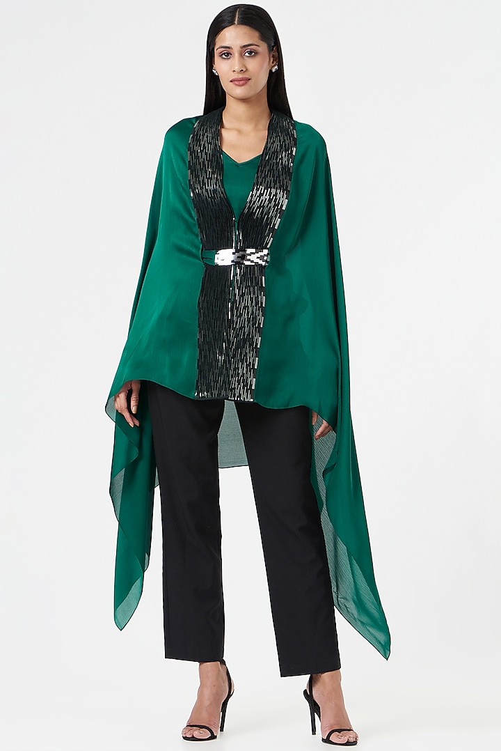 Emerald Green Chiffon Draped Cape by Amit Aggarwal at Pernia's Pop Up Shop