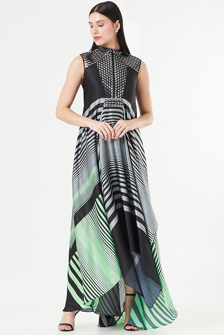 Neon Green & Black Striped Paneled Dress by Amit Aggarwal