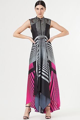 Neon Pink & Black Striped Paneled Dress by Amit Aggarwal