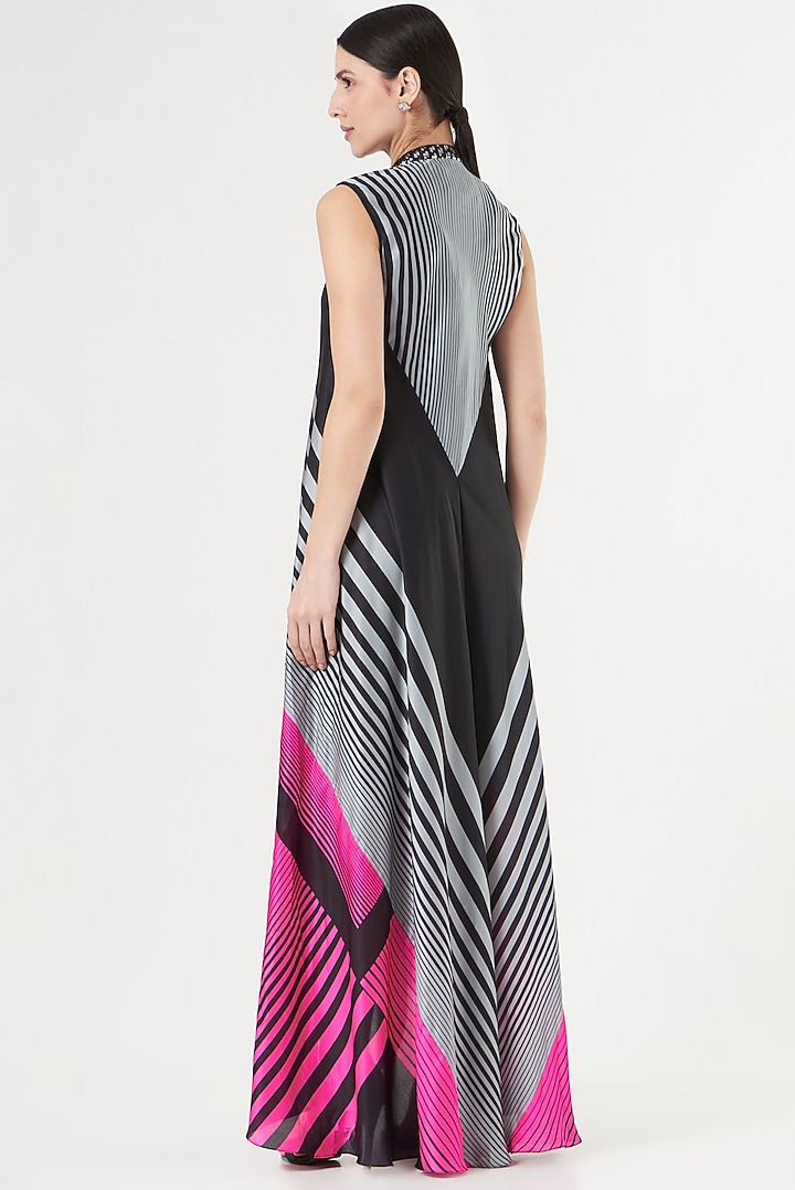 Neon Pink & Black Striped Paneled Cocktail Dress by Amit Aggarwal at Pernia's Pop Up Shop
