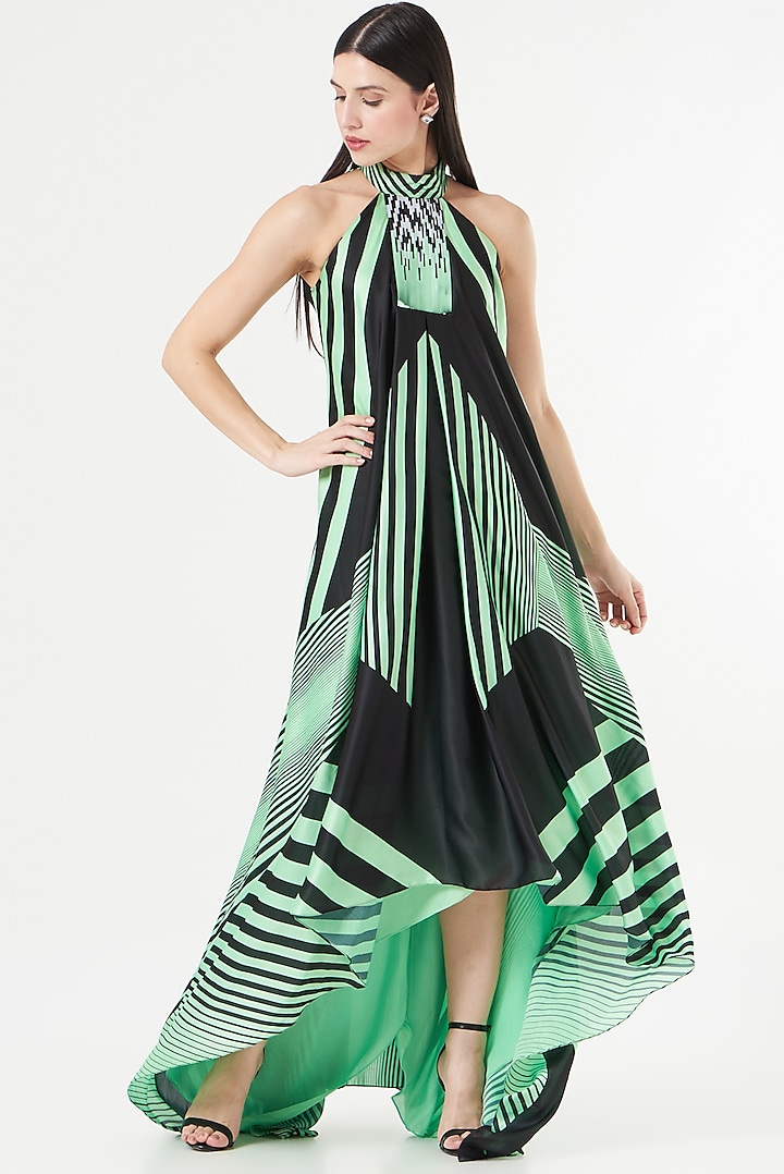 Neon Green & Black Striped Halter Dress by Amit Aggarwal