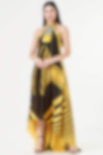 Lemon Yellow & Black Striped Halter Dress by Amit Aggarwal